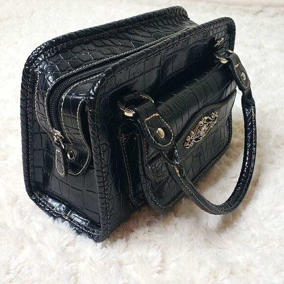 Black Faux Snake Embossed Vegan Leather Handbag - Picture 7 of 14